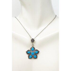 925 Sterling Silver Turquoise Flower Pendant Necklace Vintage Thailand Boho